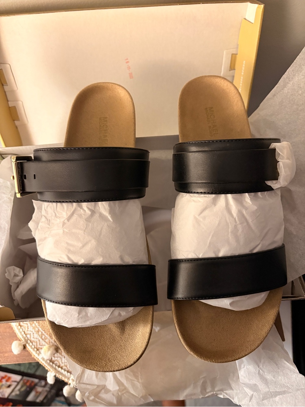 Michael Kors Black Double-Strap Leather Slide Sandals with Gold Footbed